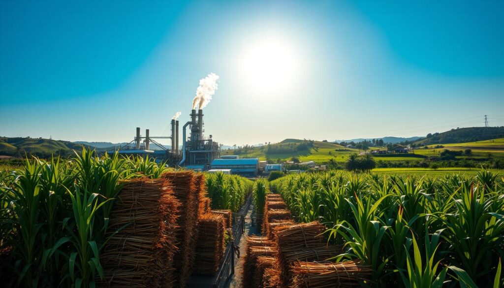 A bustling factory surrounded by lush fields, the sun's warm glow illuminating the intricate machinery. In the foreground, rows of neatly stacked sugar canes stand tall, ready for processing. The middle ground features the factory's imposing structure, its chimneys billowing white smoke against a clear blue sky. In the background, rolling hills dotted with palm trees suggest Indonesia's diverse landscape, ripe with export potential. The scene conveys a sense of productivity and opportunity, highlighting the nation's capacity to meet global demand for its sweet commodity.