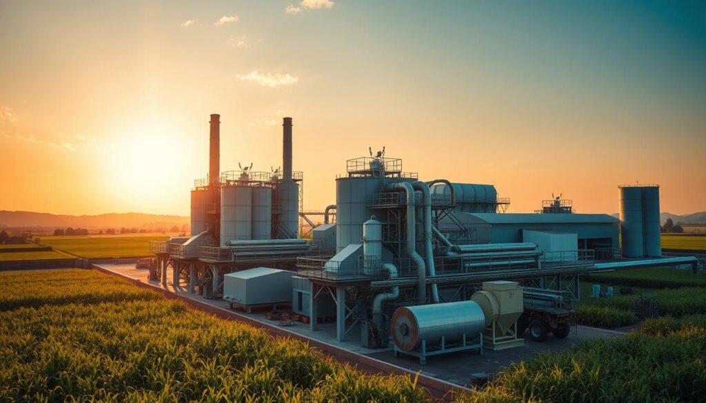 An expansive modern sugar factory nestled amidst lush green fields, its towering silos and smokestacks silhouetted against a warm, golden-hued sky. Intricate machinery whirs and grinds, transforming freshly harvested sugarcane into gleaming white crystals. Hardworking technicians in protective gear bustle about, ensuring efficient, state-of-the-art production. The factory's imposing facade exudes a sense of industrial progress and Indonesia's growing agricultural prowess. Sunlight filters through large windows, casting a productive, optimistic glow upon the scene. This image powerfully conveys the promising future of Indonesia's sugar industry, a pivotal part of the nation's economic development.